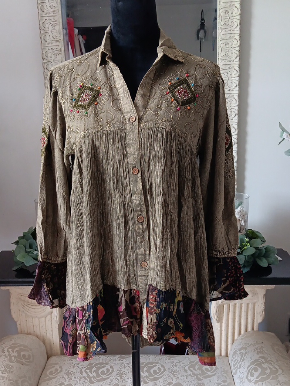 Olive Green Embroidered Button-Front Women’s Blouse